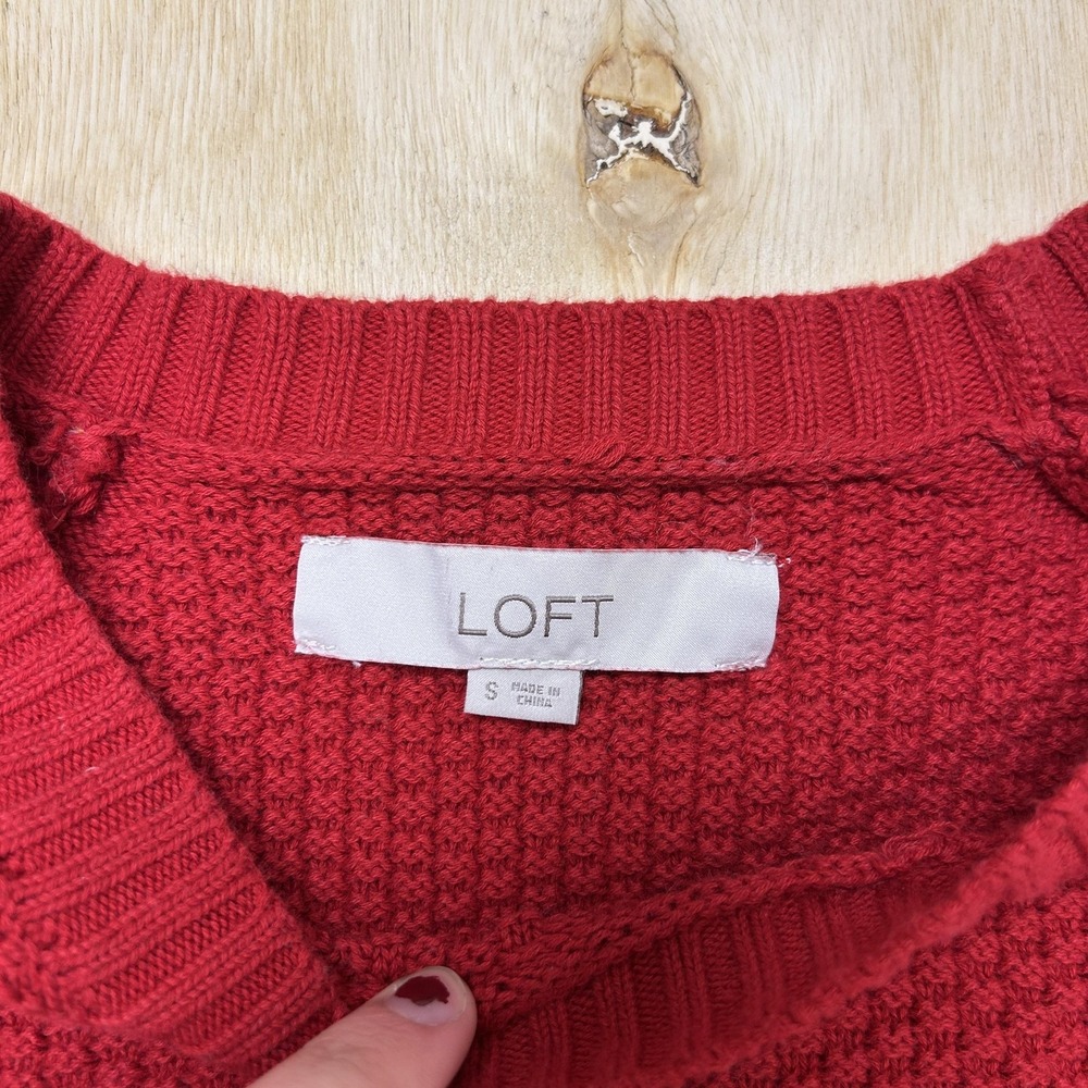 LOFT Sweater Womens Small Red Crew Neck Waffle-Knit Raglan Sleeve Pullover - Picture 2 of 6